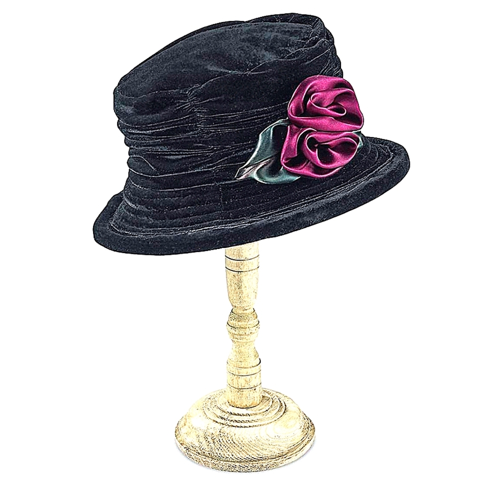 NWT Black  Velvet Vintage Cloche With 2 Burgundy Rosettes
